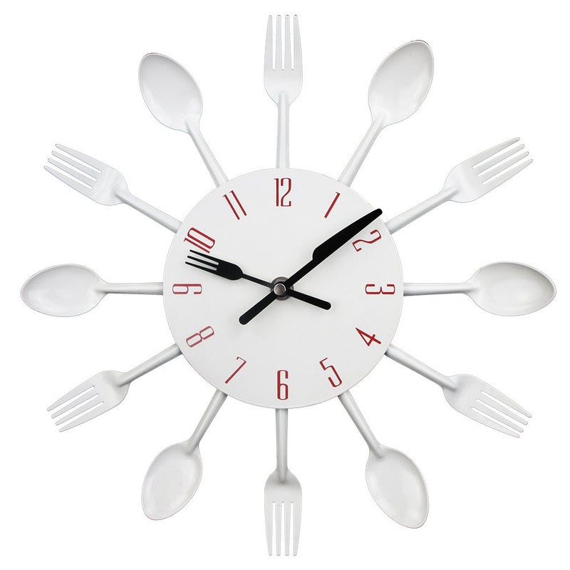 Timelike Kitchen Wall Clock, 3D Removable Modern Creative Cutlery Kitchen Spoon Fork Wall Clock Mirror Wall Decal Wall Sticker Room Home Decoration (White) - Image 1